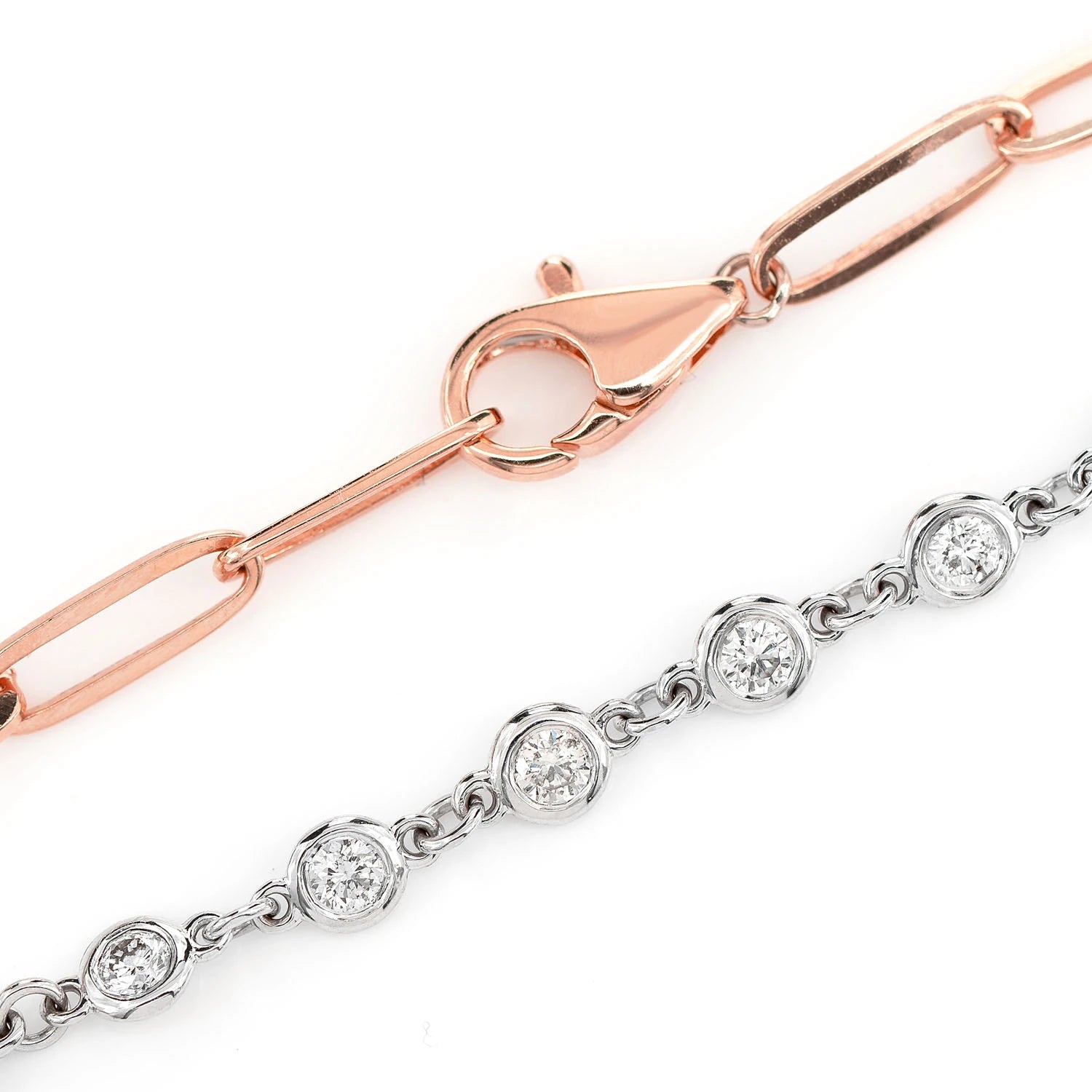 Elongated Bezel Rolo Diamond Bracelet in two tone rose 14k gold, 0.50ctw, detail view