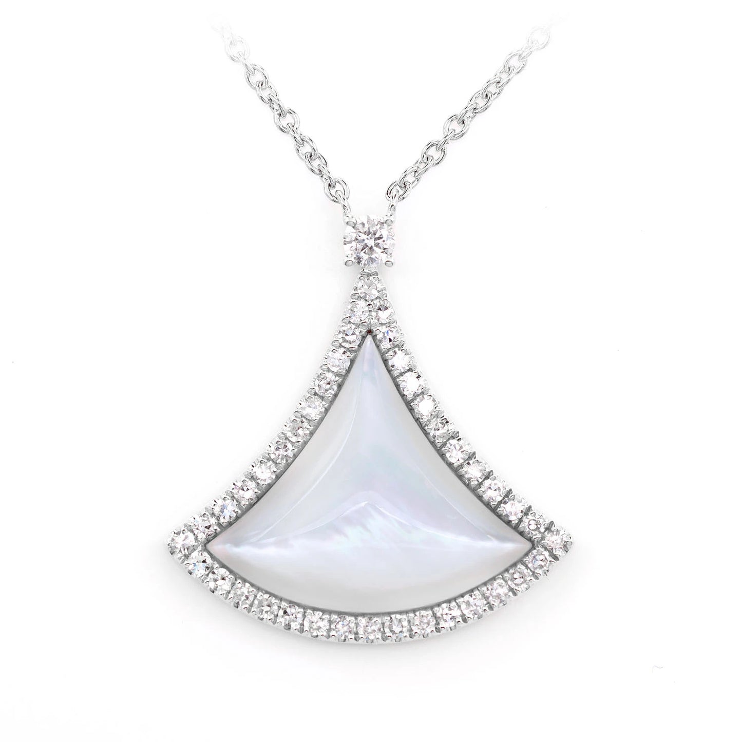 Curved Mother of Pearl Triangle Diamond Necklace in 14K white gold, front view