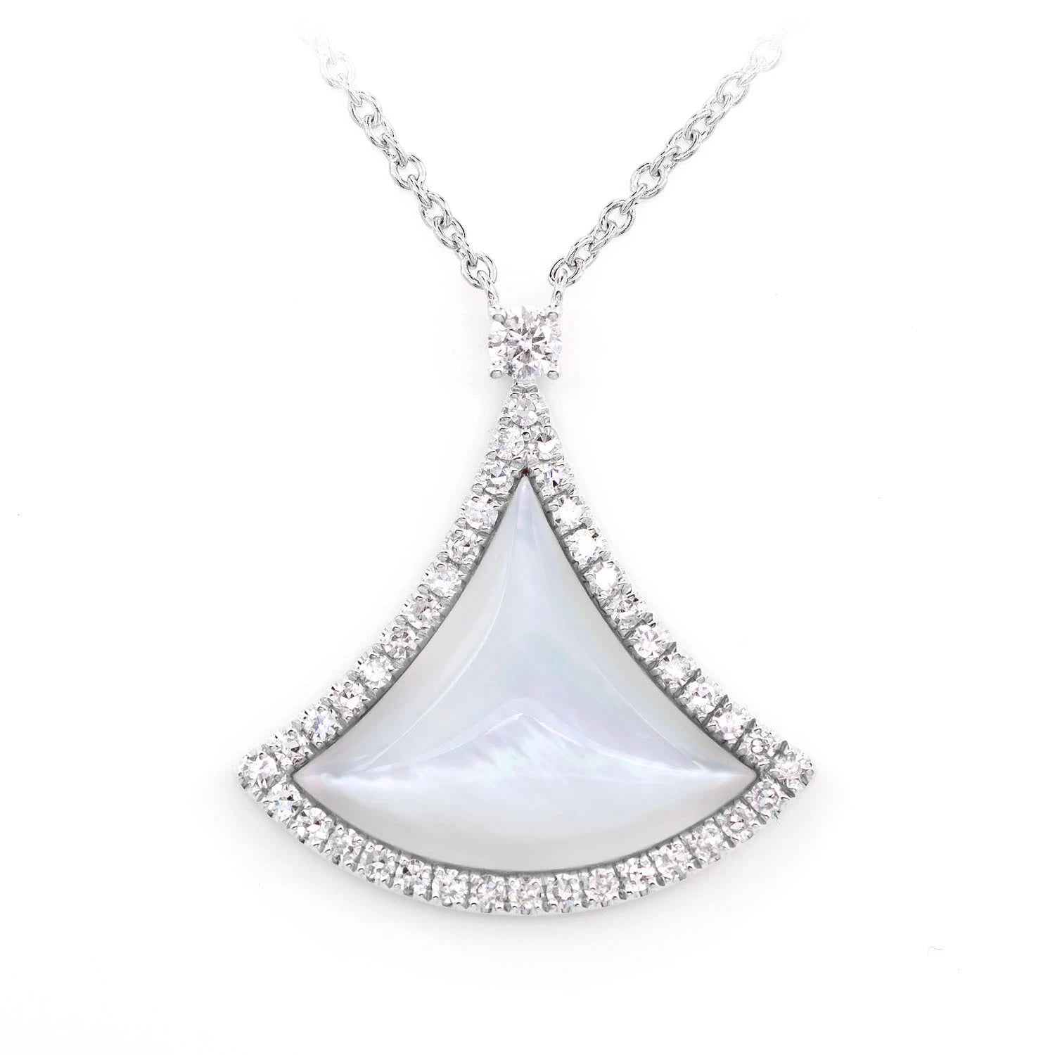Curved Mother of Pearl Triangle Diamond Necklace in 14K white gold, front view