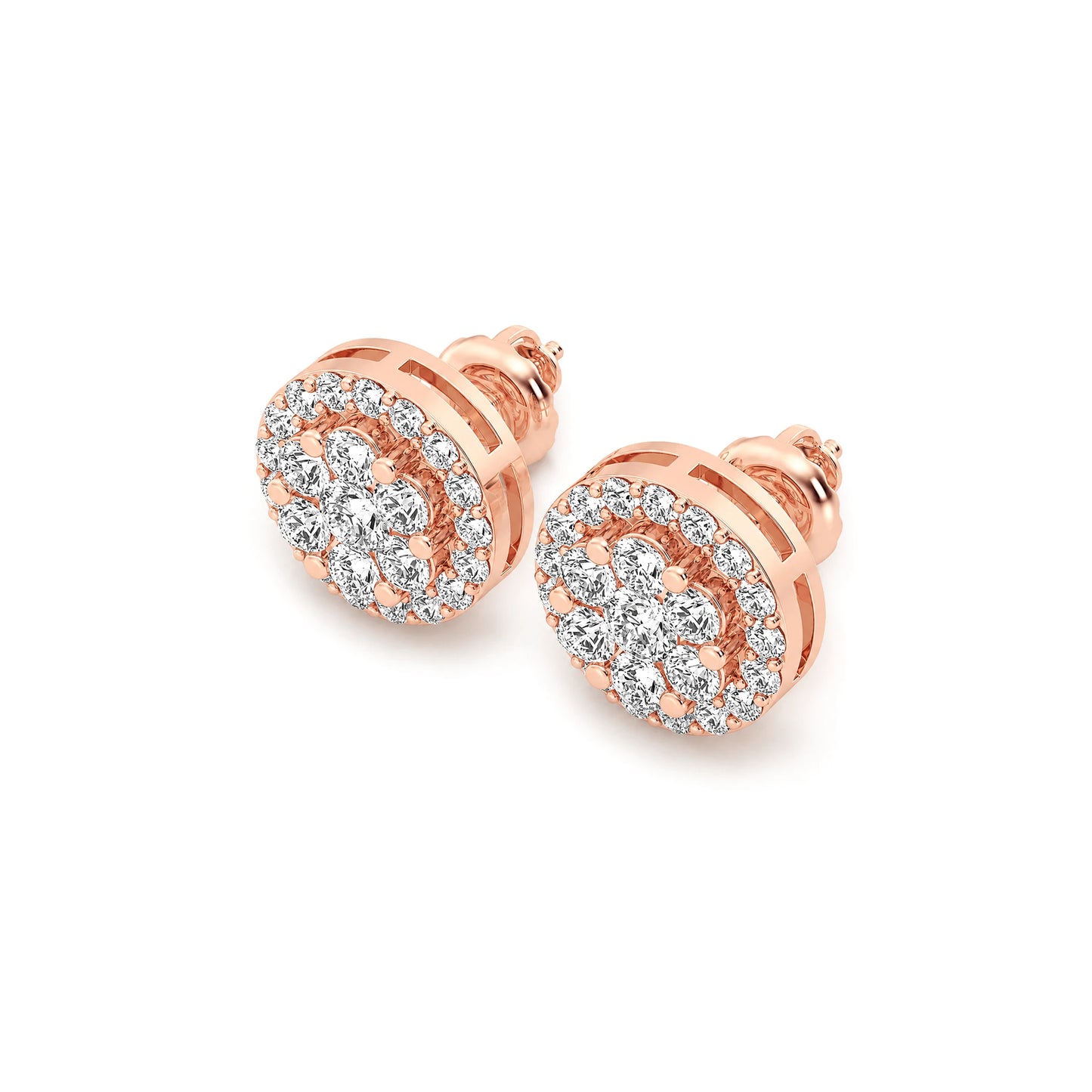 Halo Flower Diamond Studs in 14K rose gold, 1.50ctw, angled view