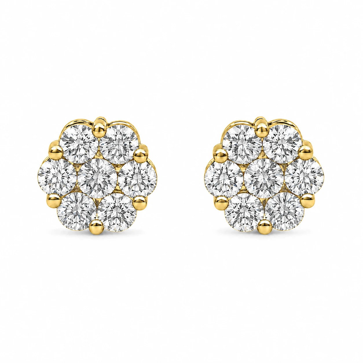 Flower Diamond Studs in 14K yellow gold, 1.00ctw, front view