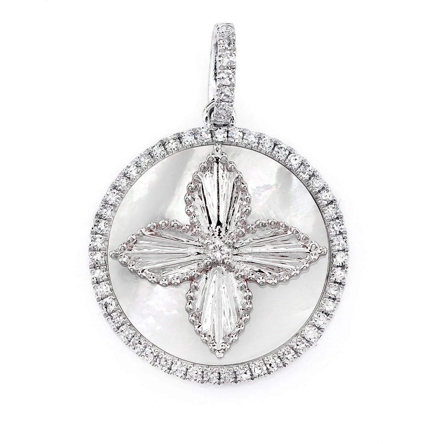 Mother of Pearl Four Petal Flower Diamond Pendant in 14K white gold, front view