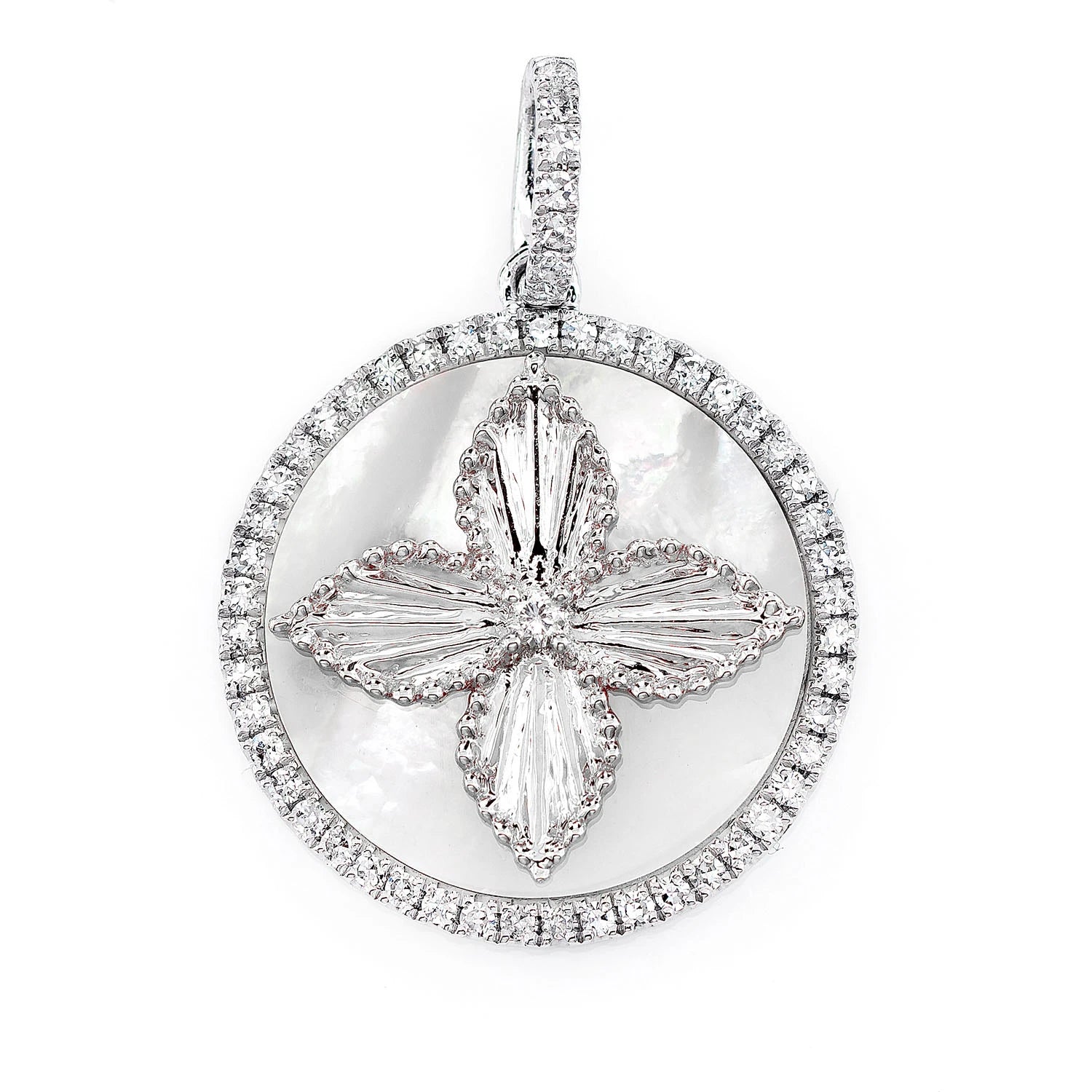 Mother of Pearl Four Petal Flower Diamond Pendant in 14K white gold, front view