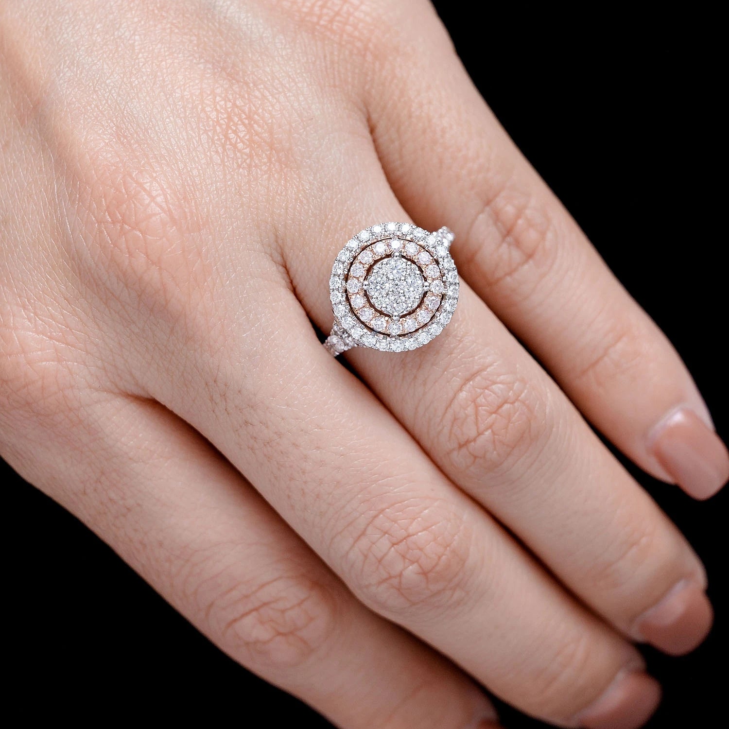 Double Halo Round Cluster Diamond Ring in two tone rose 14k gold, alternate view