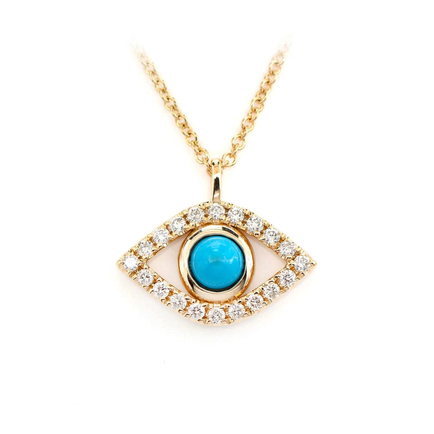 Turquoise & Diamond Evil Eye Necklace in 14K yellow gold, front view