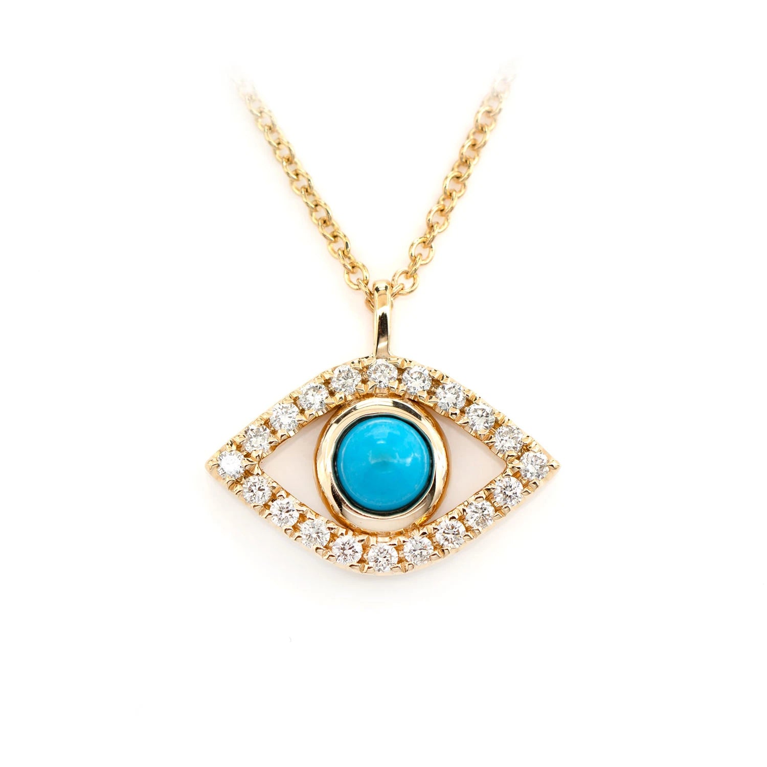 Turquoise & Diamond Evil Eye Necklace in 14K yellow gold, front view
