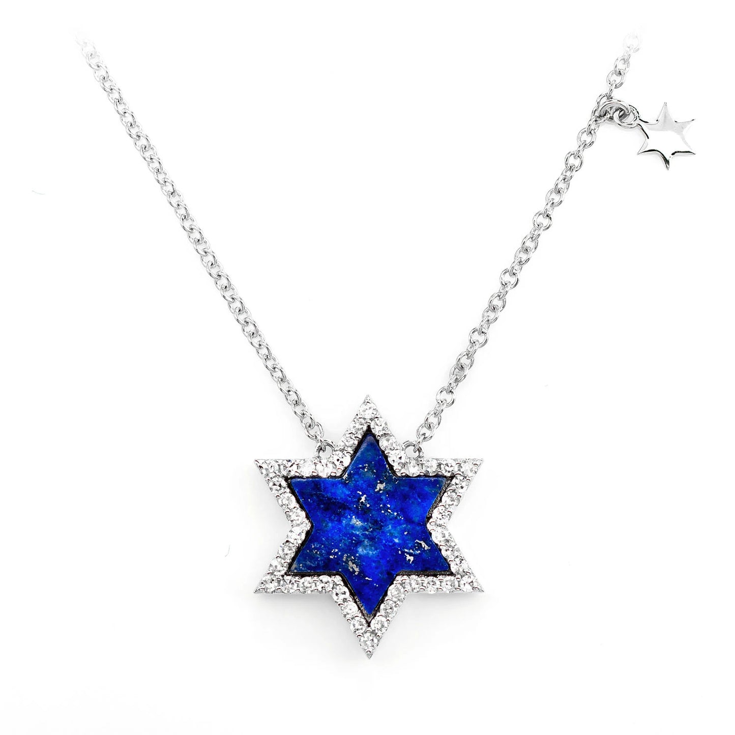 Lapis Star of David Diamond Necklace in 14K white gold, front view