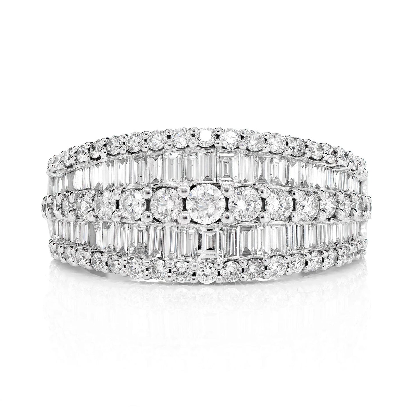 Tapered Three Row Baguette & Round Diamond Ring in 14K white gold, front view