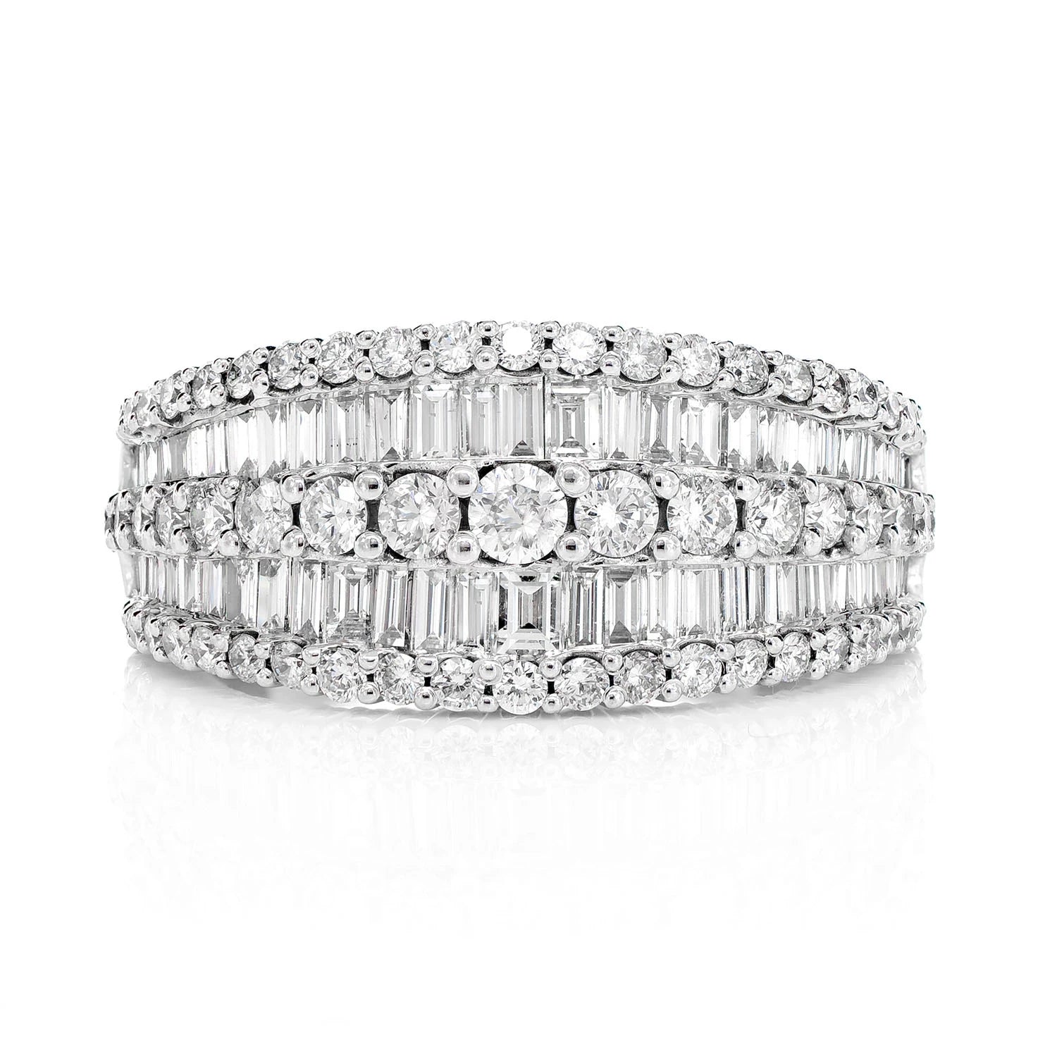 Tapered Three Row Baguette & Round Diamond Ring in 14K white gold, front view