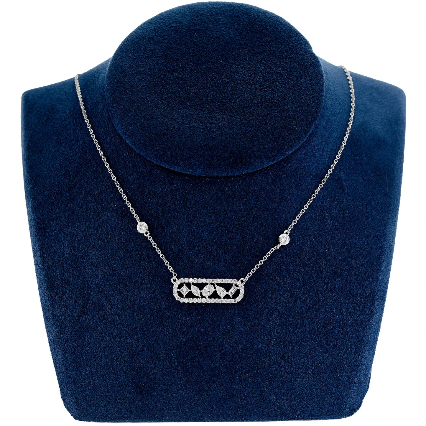 Multi-Cut Diamond Station Necklace in 14K white gold, angled view