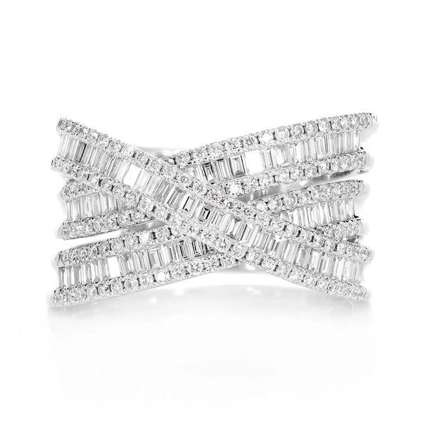 Three Row Baguette & Round Diamond Twist Ring