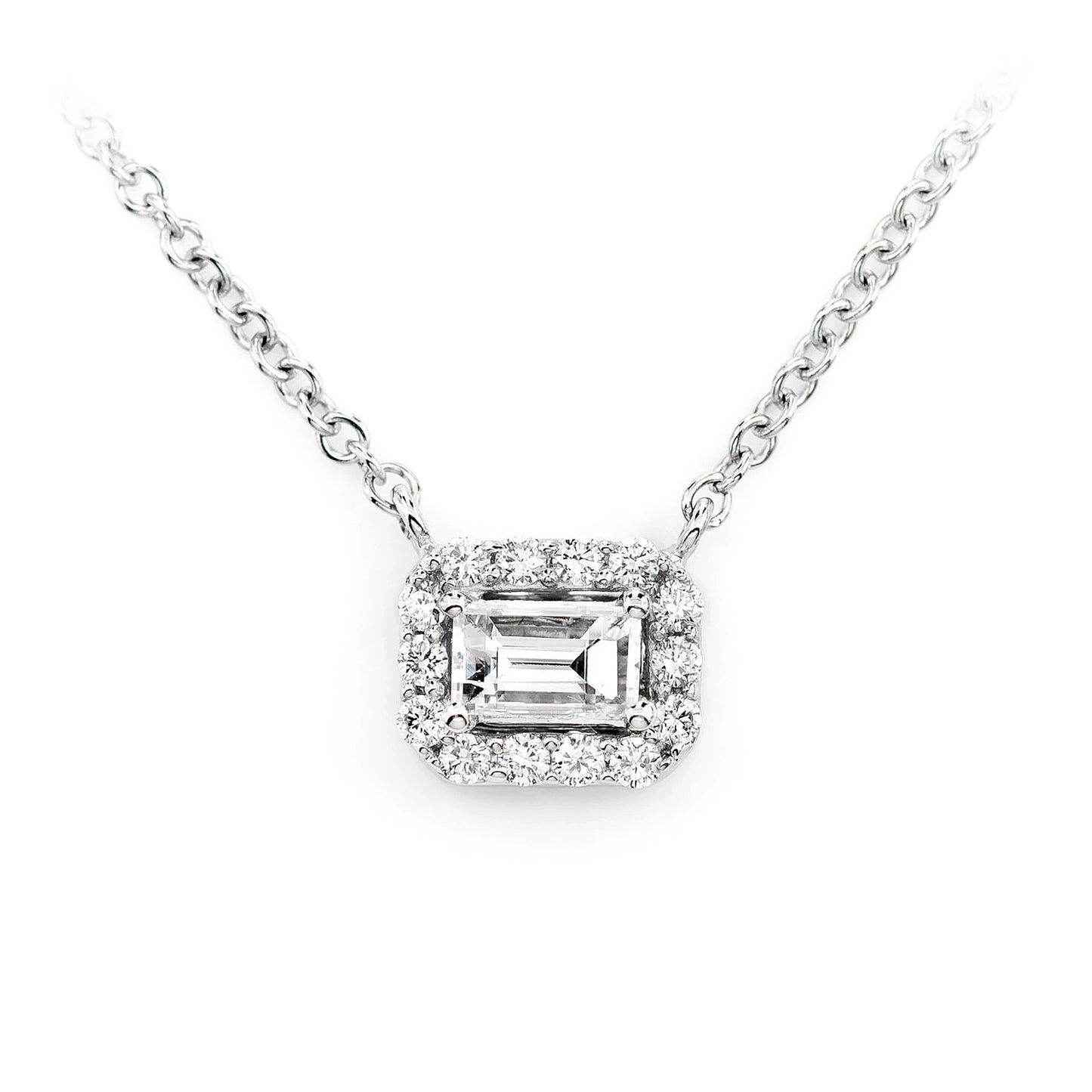 Baguette Halo Diamond Pendant in 14K white gold, front view