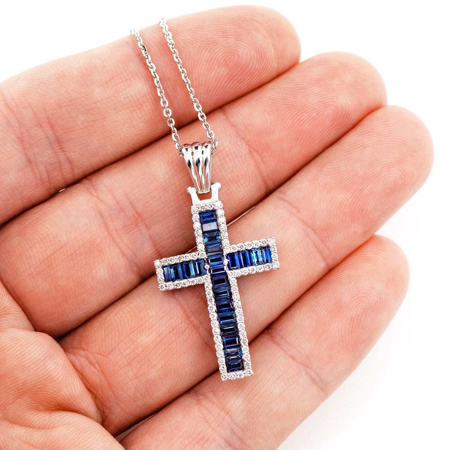 Sapphire Cross with Diamond Halo Necklace
