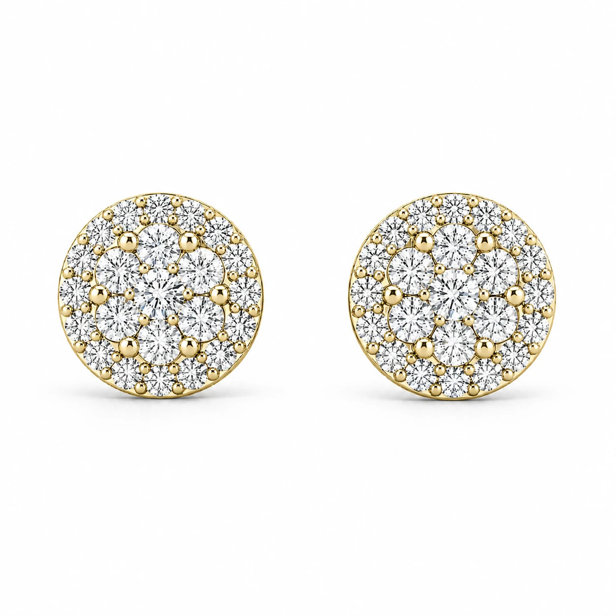 Halo Flower Diamond Studs in 14K yellow gold, 1.50ctw, front view