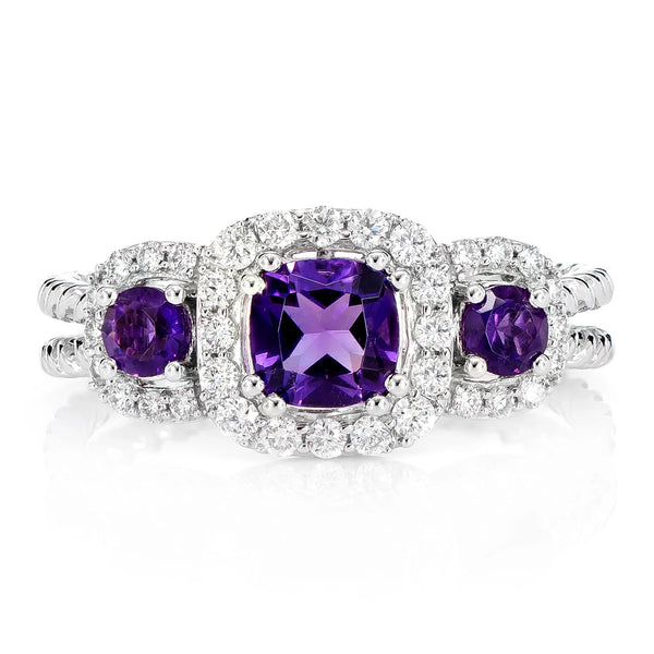 Amethyst and Diamond Three Stone Split Shank Rope Ring
