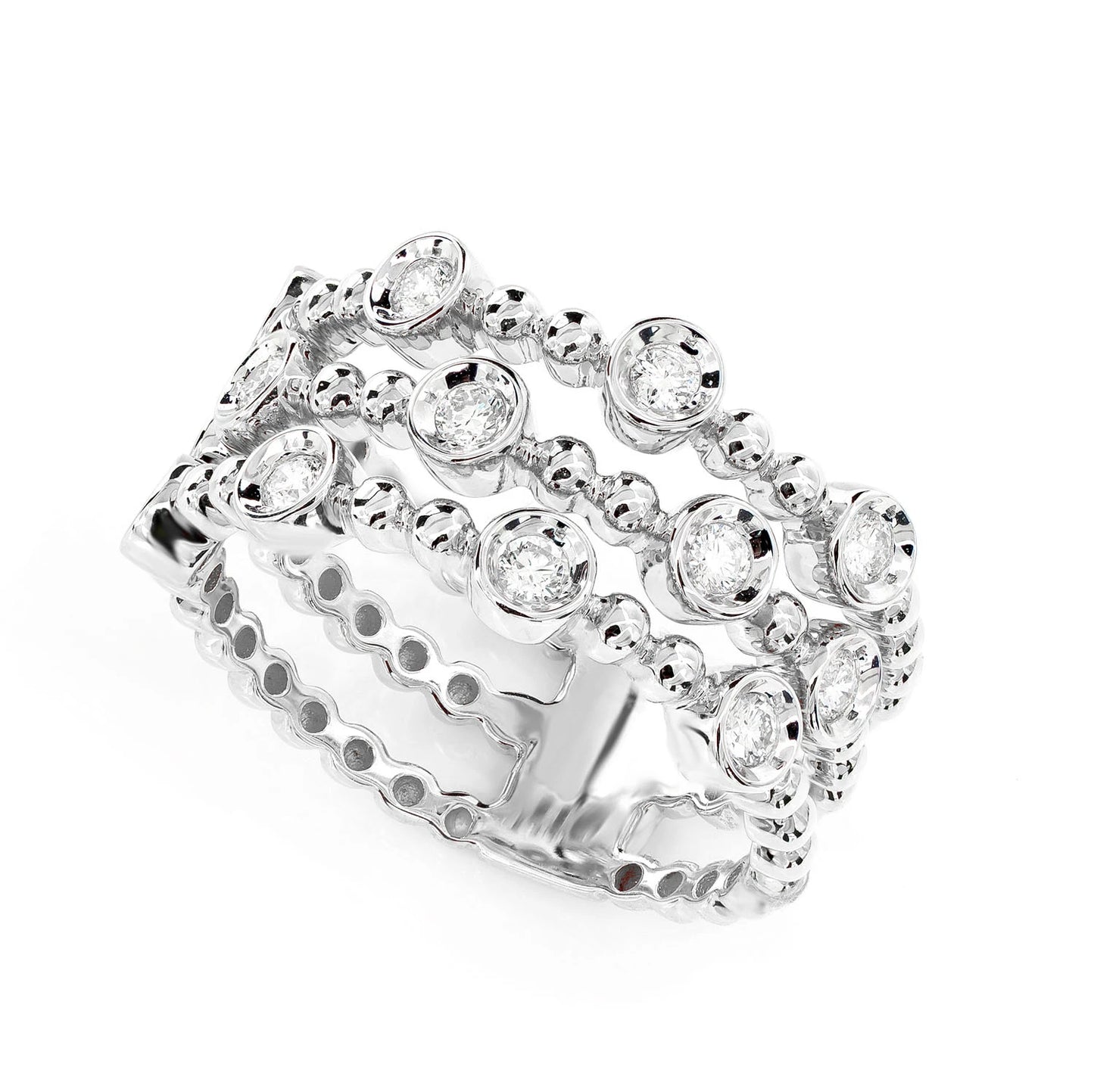 Four Row Scattered Beaded Bezel Diamond Band in 14K white gold, detail view
