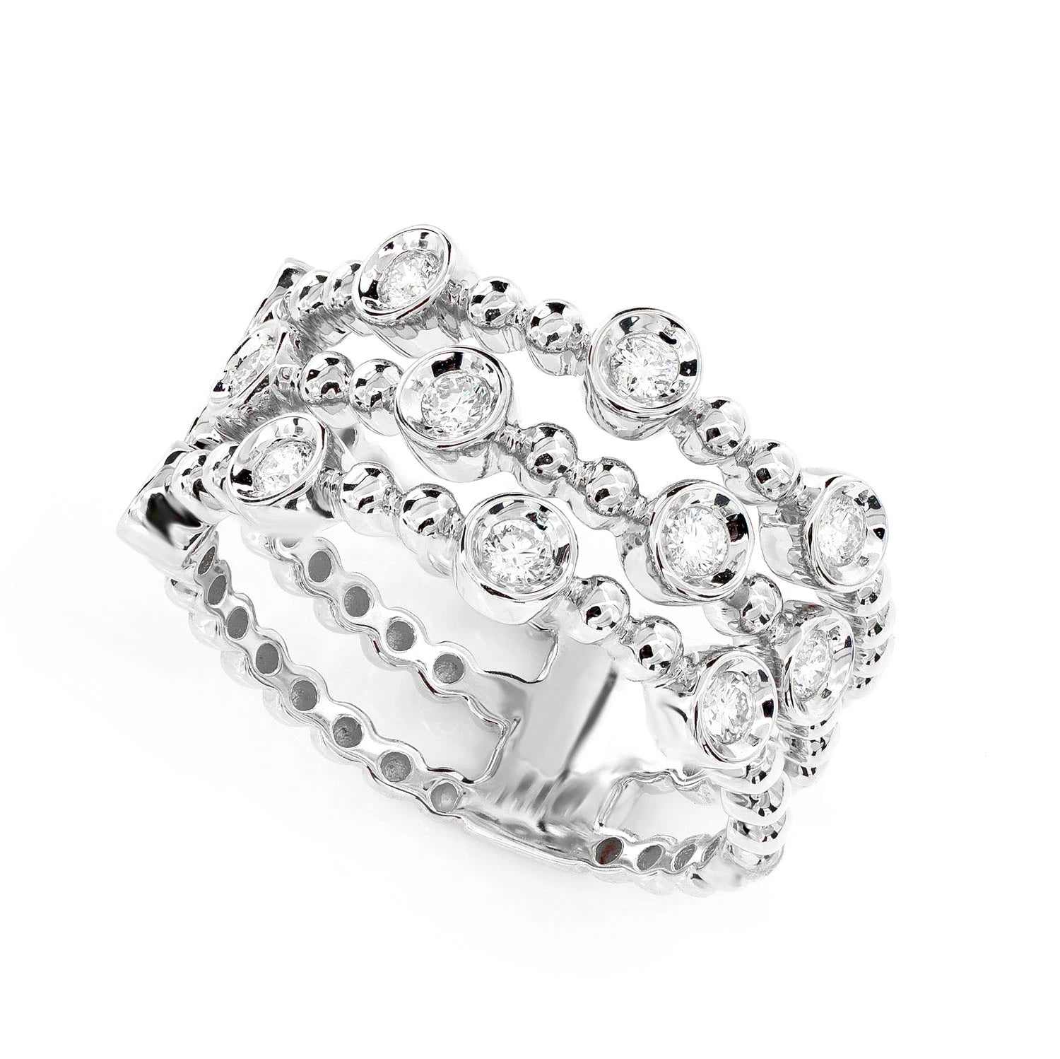 Four Row Scattered Beaded Bezel Diamond Band in 14K white gold, detail view