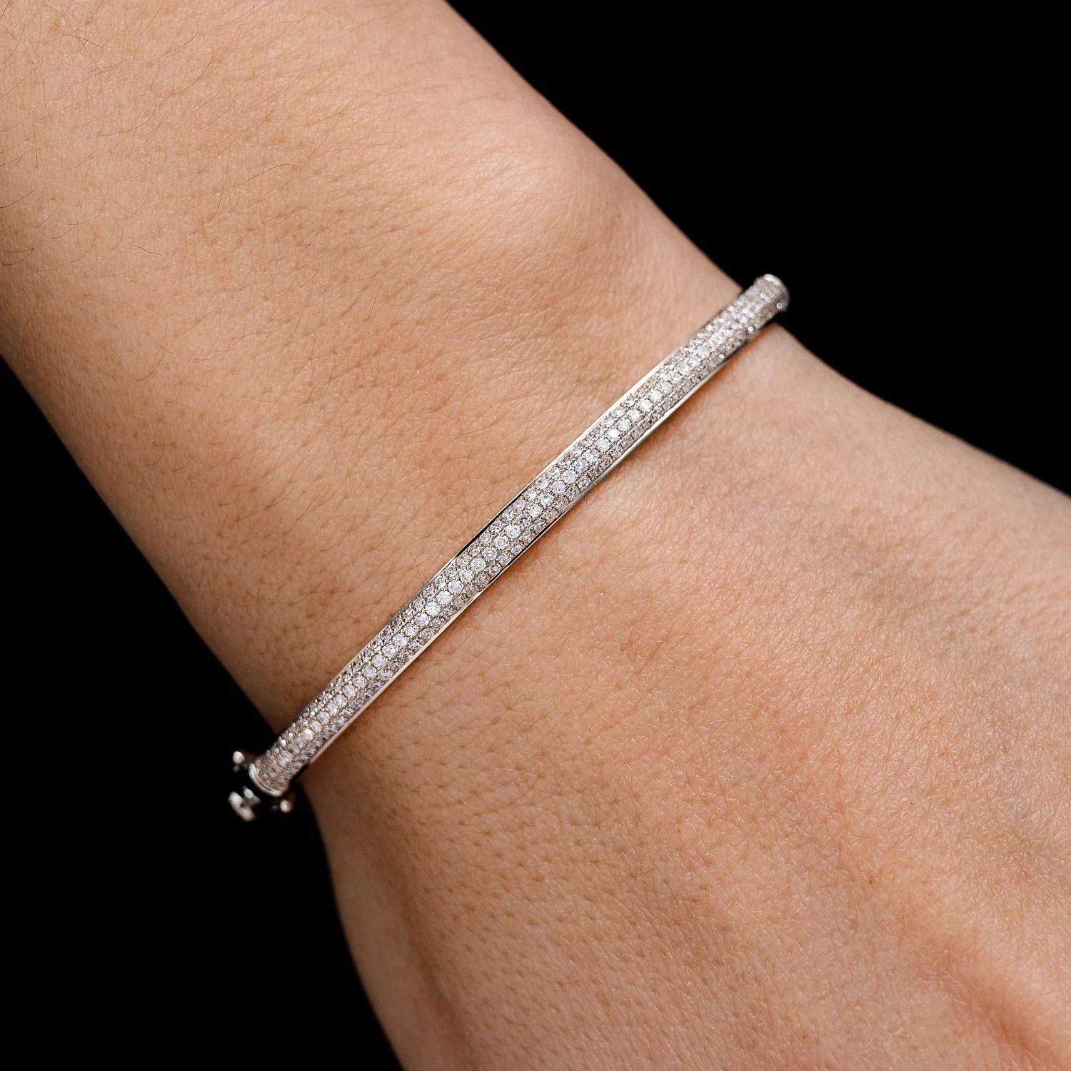 Three Row Pavé Diamond Bangle in 14K white gold, 1.05ctw, angled view