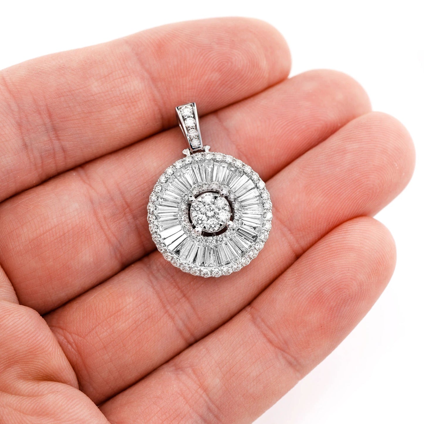 Round and Baguette Cluster Halo Diamond Pendant