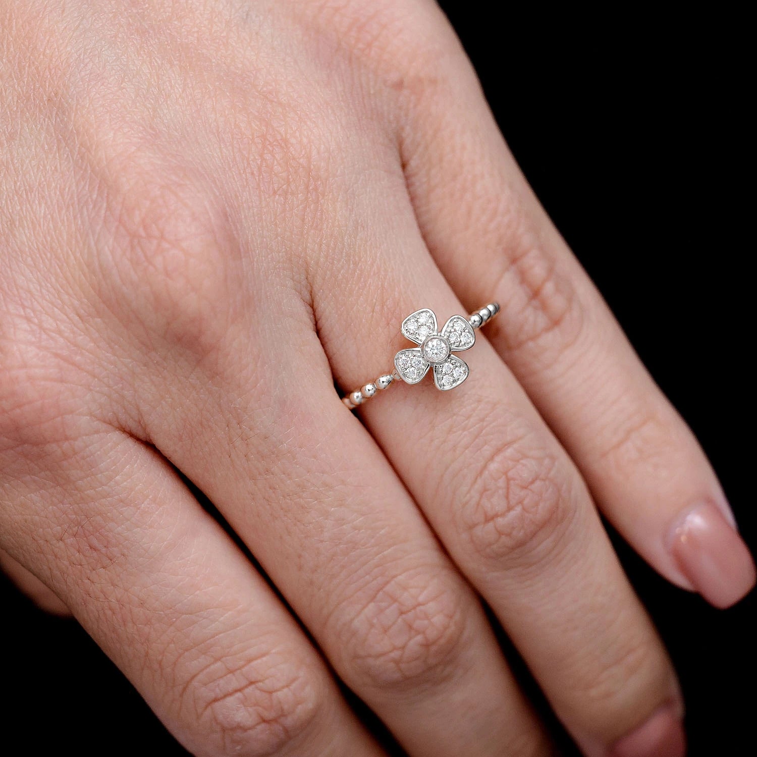 Beaded Bezel Flower Diamond Ring in 14K white gold, alternate view
