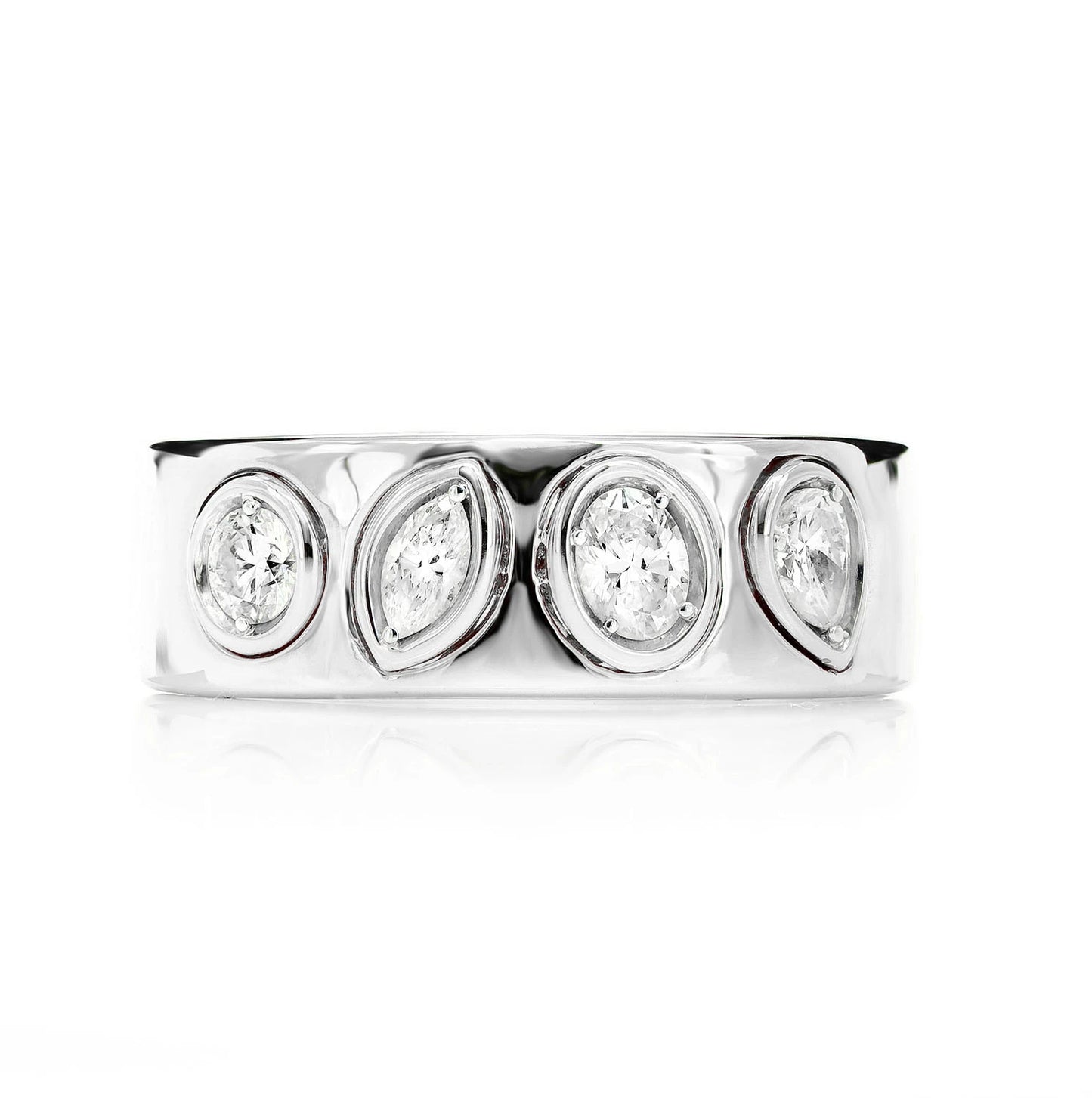 Alternating Multi-Shape Bezel Ring in 14K white gold, front view
