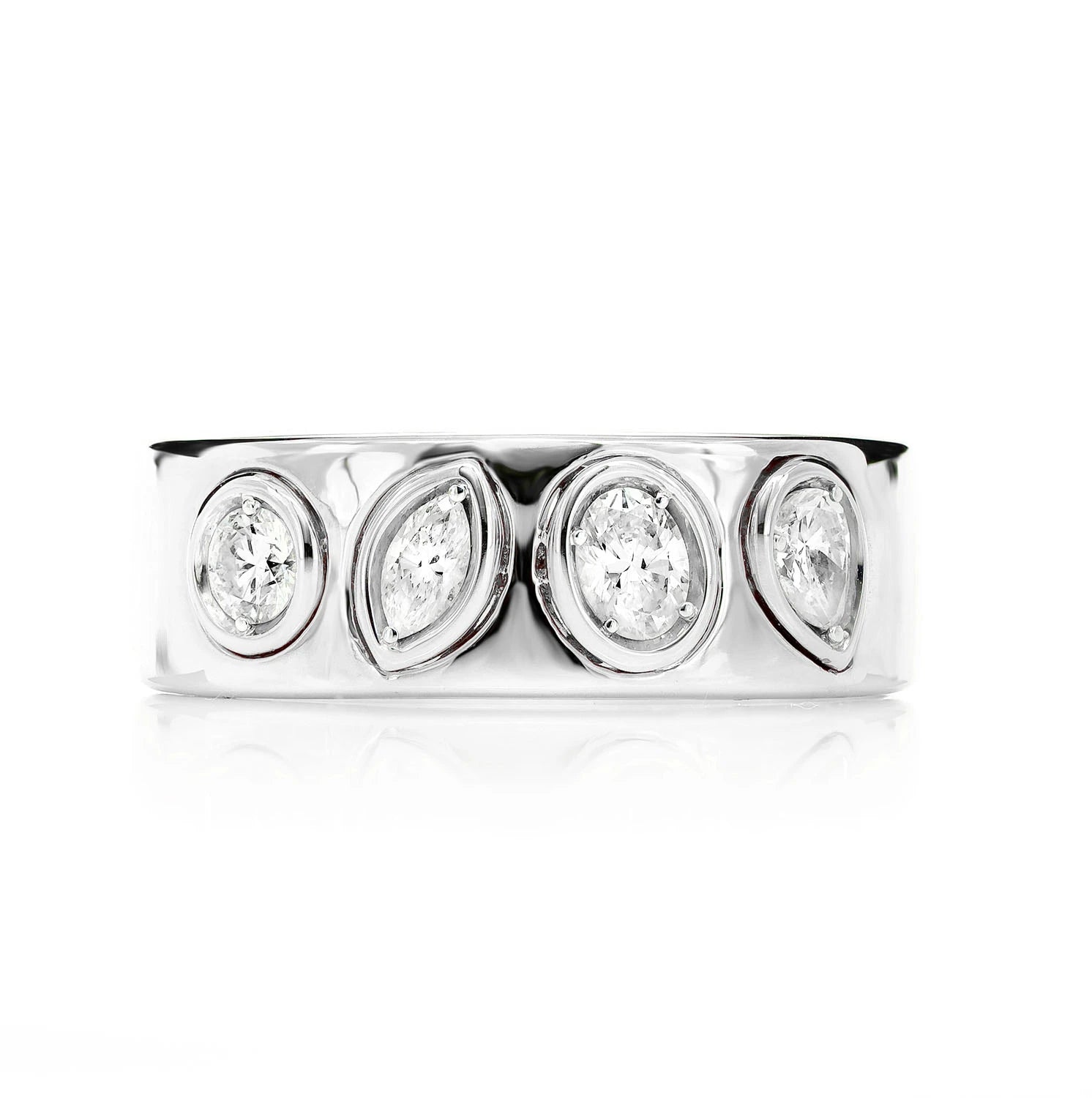 Alternating Multi-Shape Bezel Ring in 14K white gold, front view