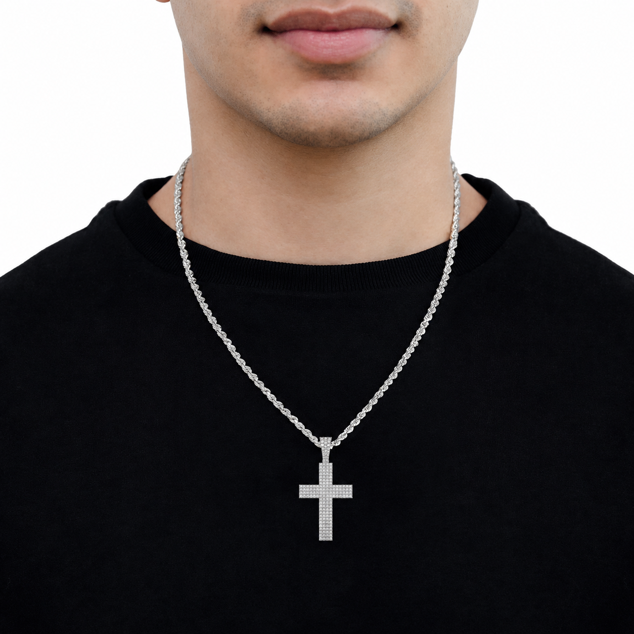 Pavé Cross Pendant in 14K white gold, angled view