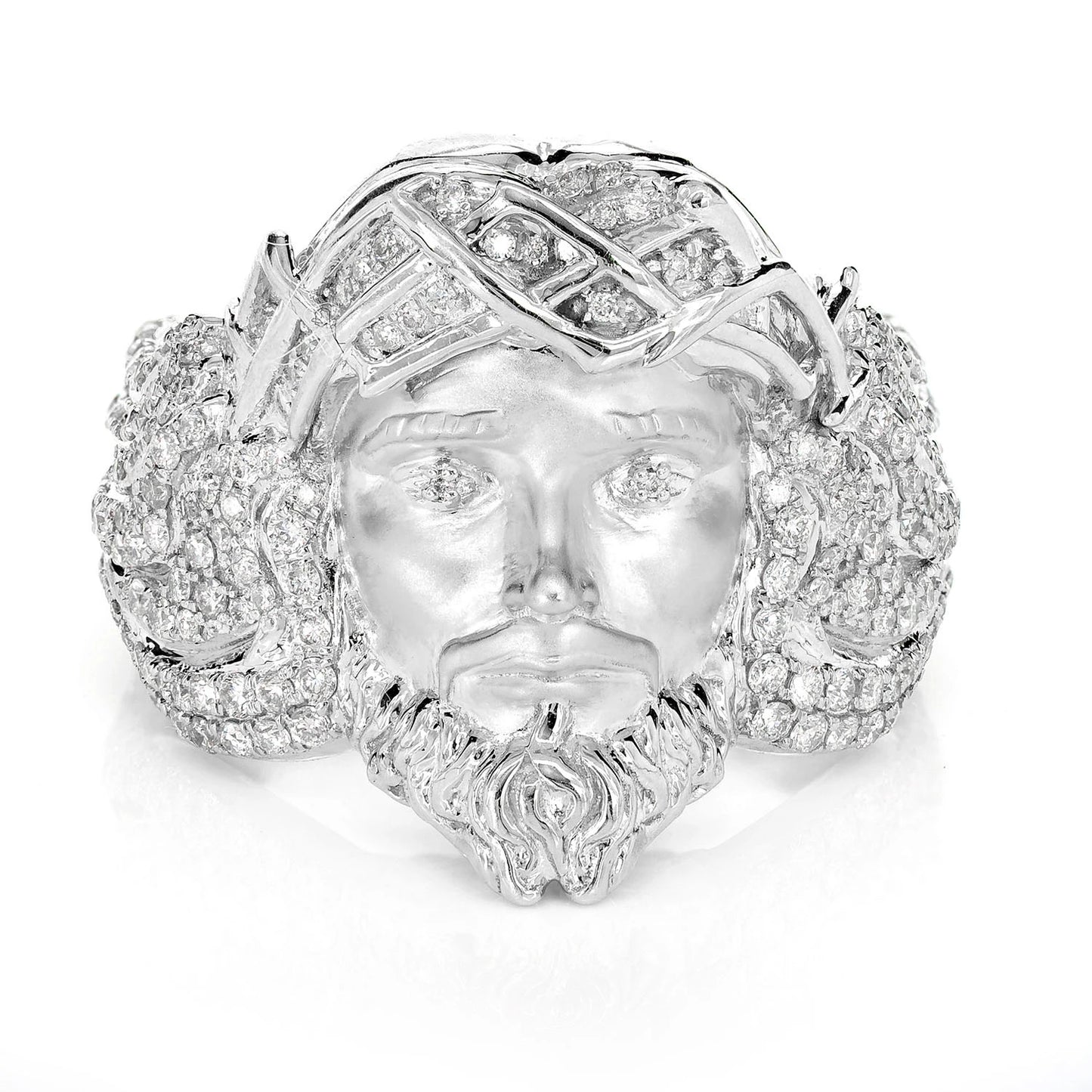 Jesus Portrait Diamond Signet Ring in 10K white gold, front view