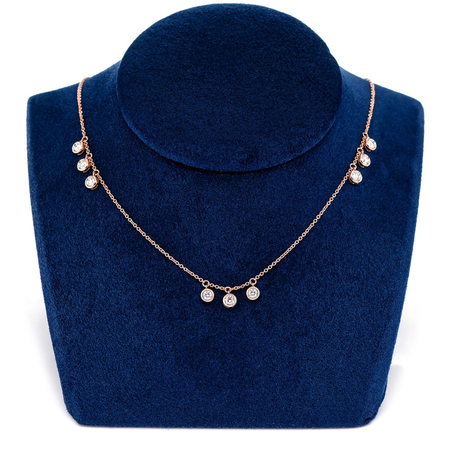Triple Bezel Diamond Drop Station Necklace in 14K rose gold, angled view