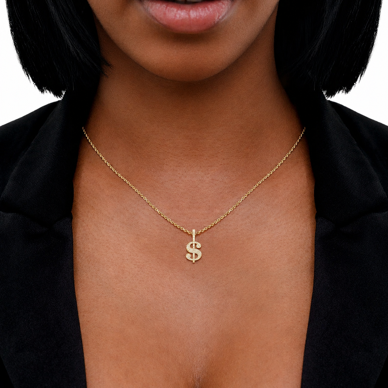 US Dollar Sign Diamond Pendant in 14K rose gold, 0.25ctw, angled view
