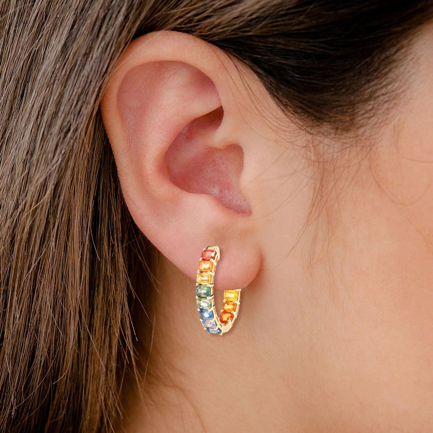 Rainbow Colored Sapphire Inside Outside Diamond Hoop Earrings