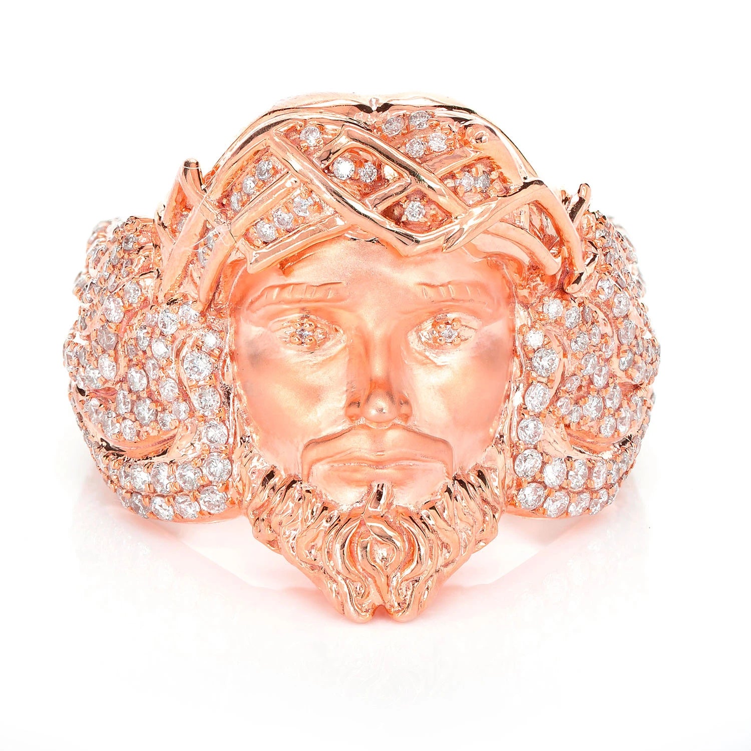 Jesus Portrait Diamond Signet Ring in 10K rose gold, front view