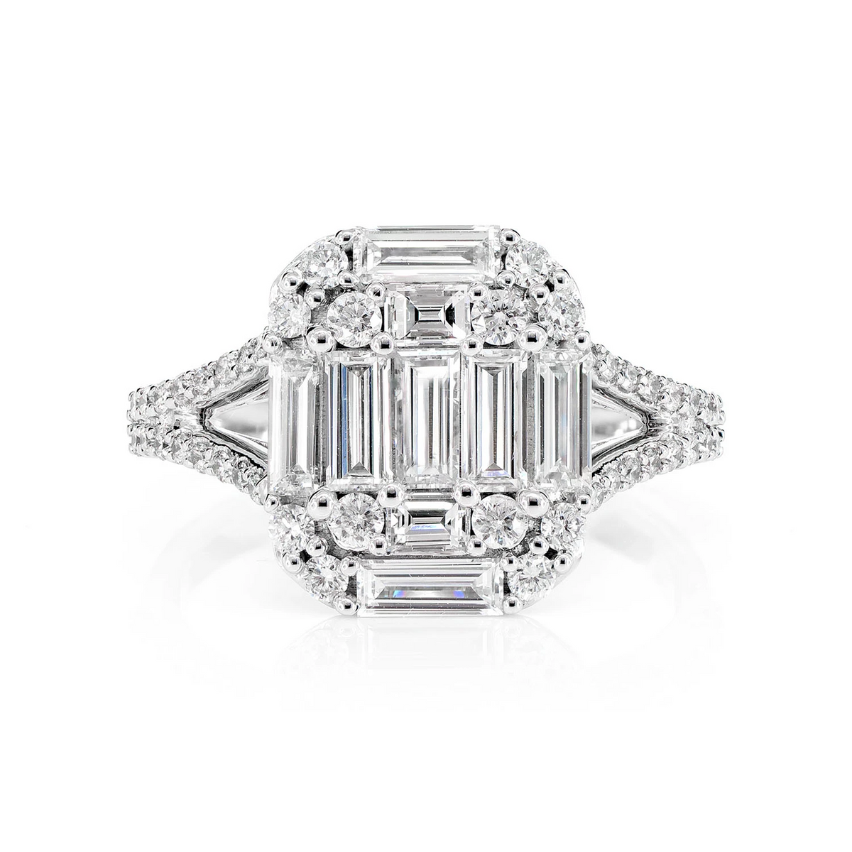 Cluster Split Shank Baguette and Round Diamond Engagement Ring