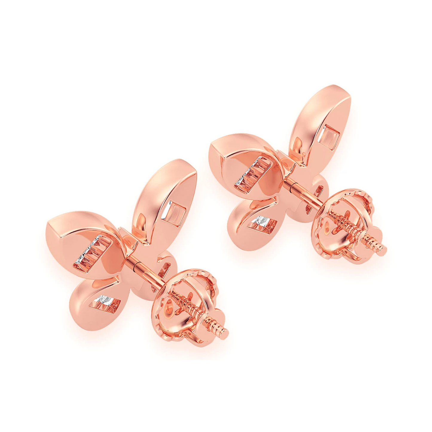 Butterfly Baguette Diamond Stud Earrings in 14K rose gold, detail view