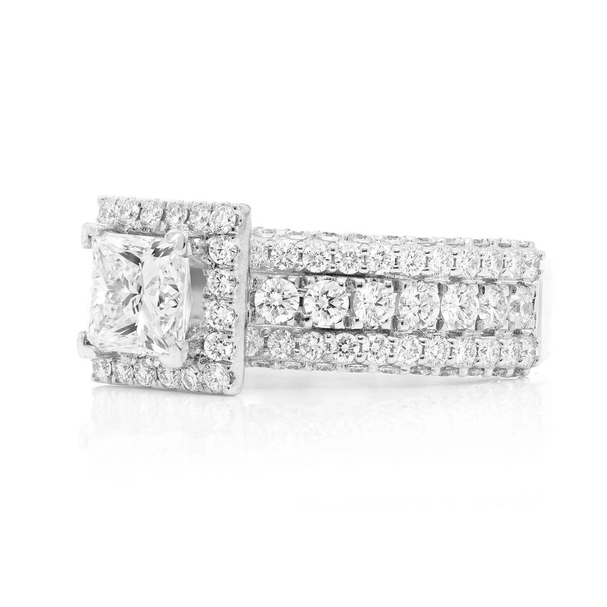Princess Halo Three Row Diamond Ring in 14K white gold, detail view