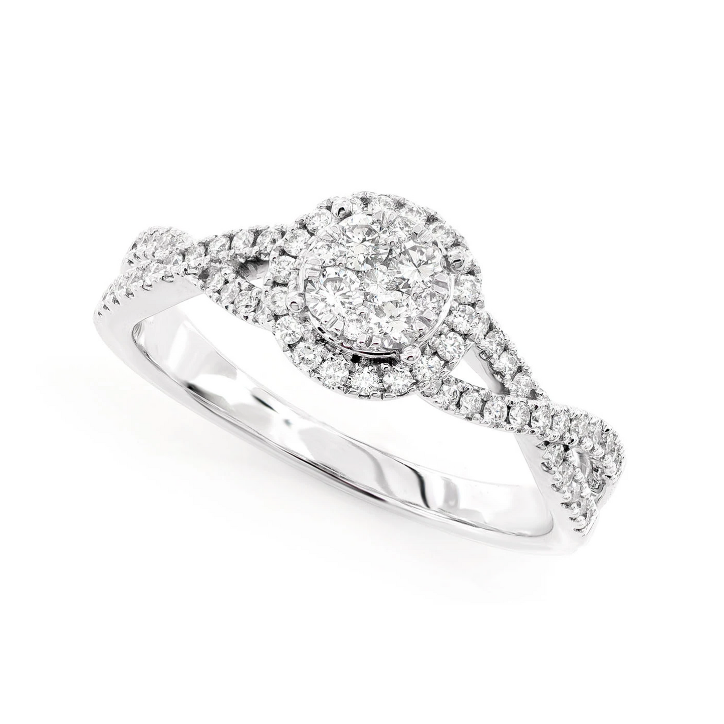 Round Mosaic Twisted Halo Diamond Ring in 14K white gold, angled view