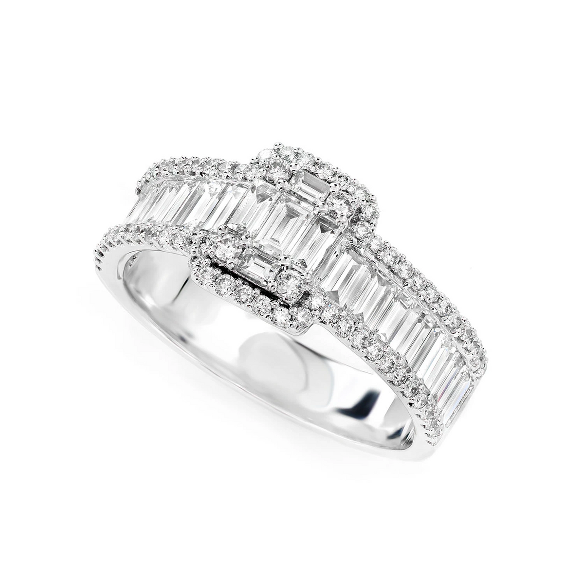 Baguette Raised Cluster Three Row Diamond Engagement Ring