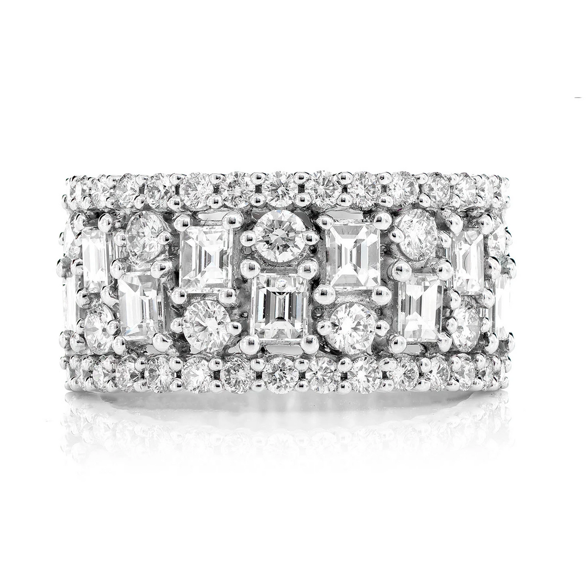 Baguette and Round Pattern Border Diamond Band Ring
