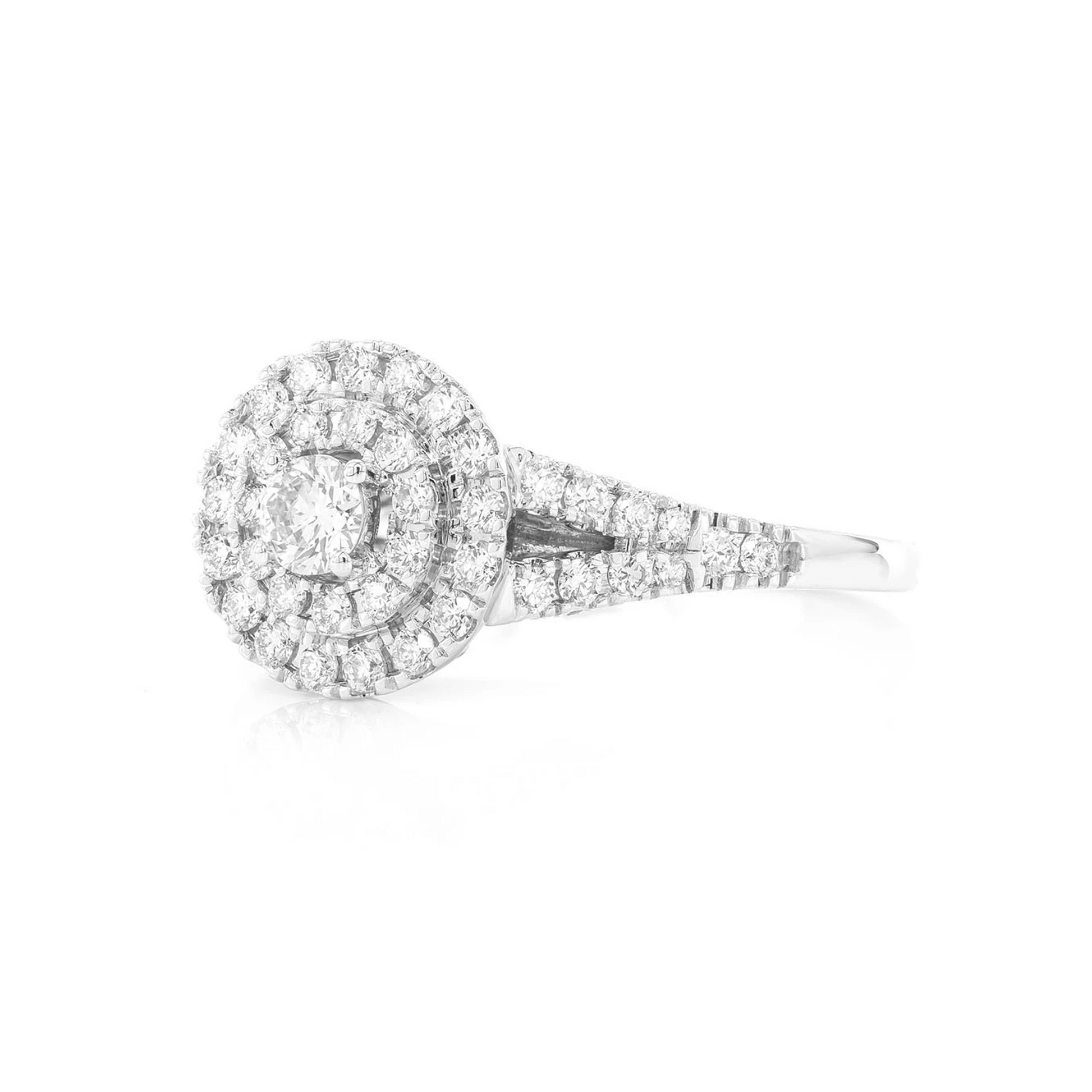 Round Double Halo Tapered Split Shank Engagement Ring in 14K white gold, detail view