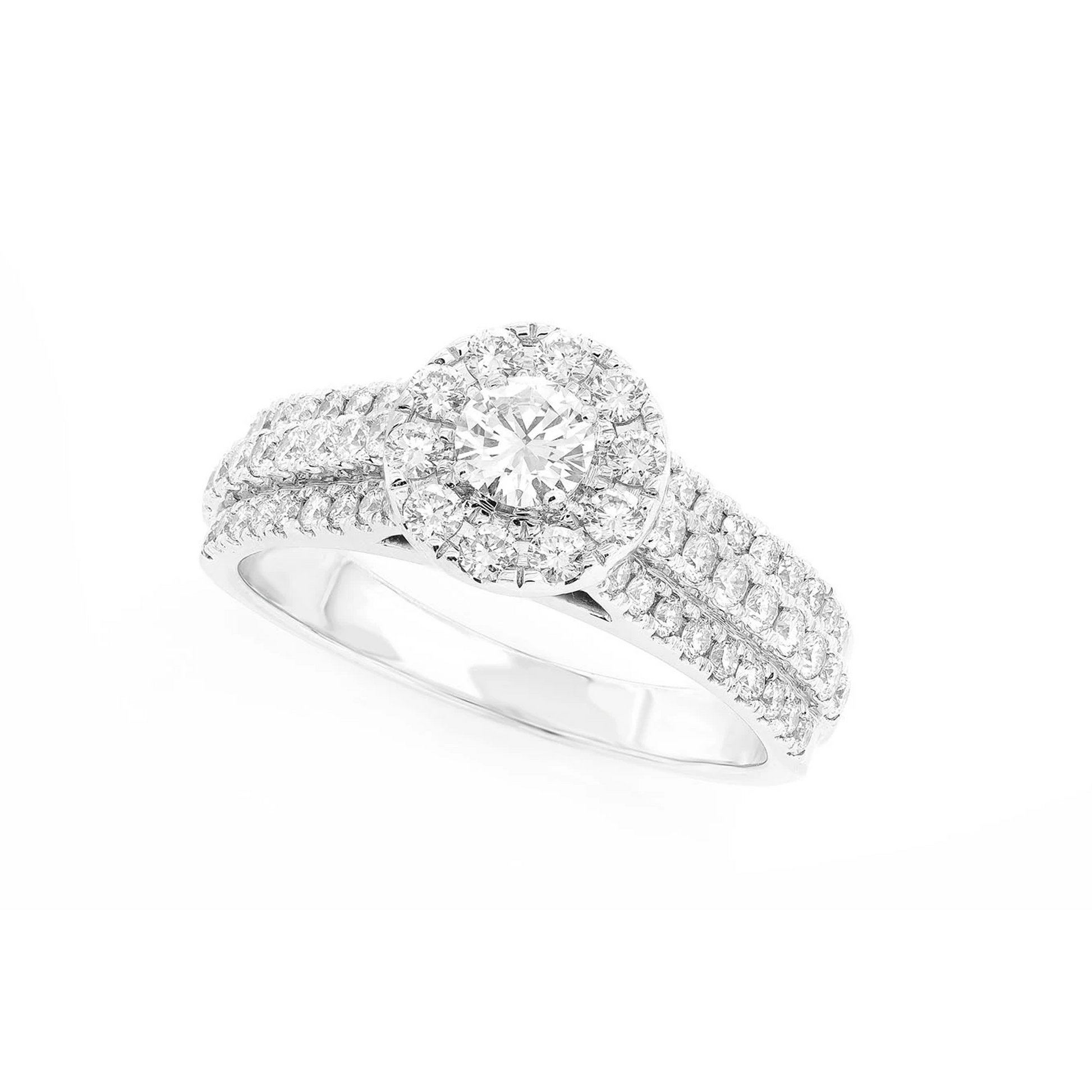 Three Row Round Halo Diamond Engagement Ring in 14K white gold, angled view