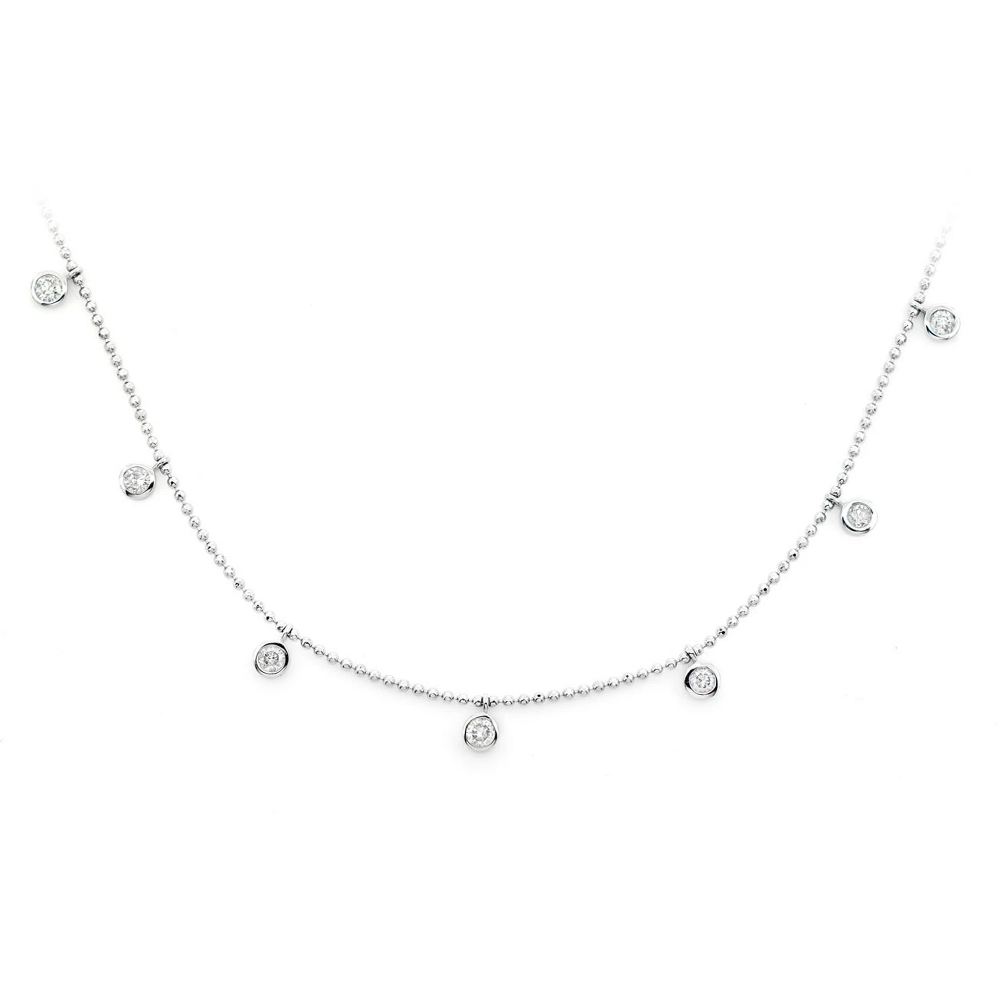 Thirteen Stone Bezel Diamond Station Necklace in 14K white gold, front view