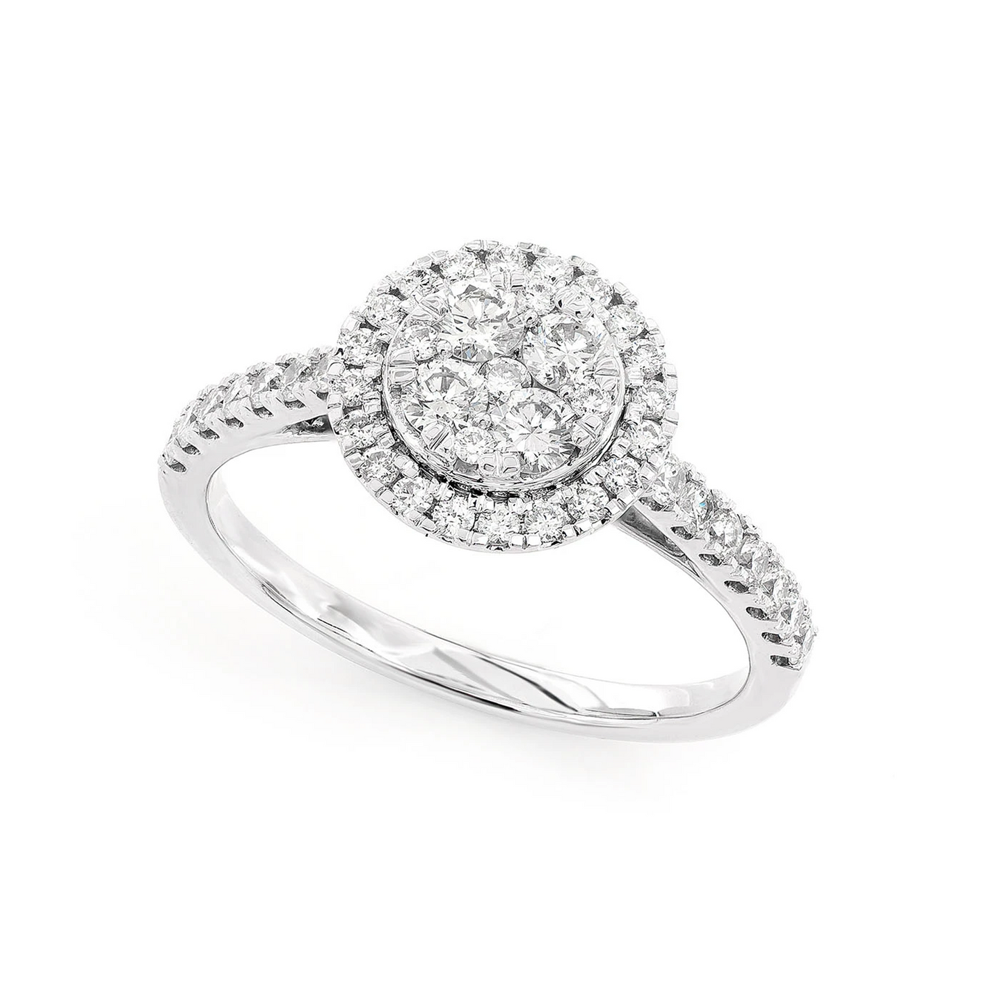 Round Mosaic Halo Diamond Ring in 14K white gold, angled view