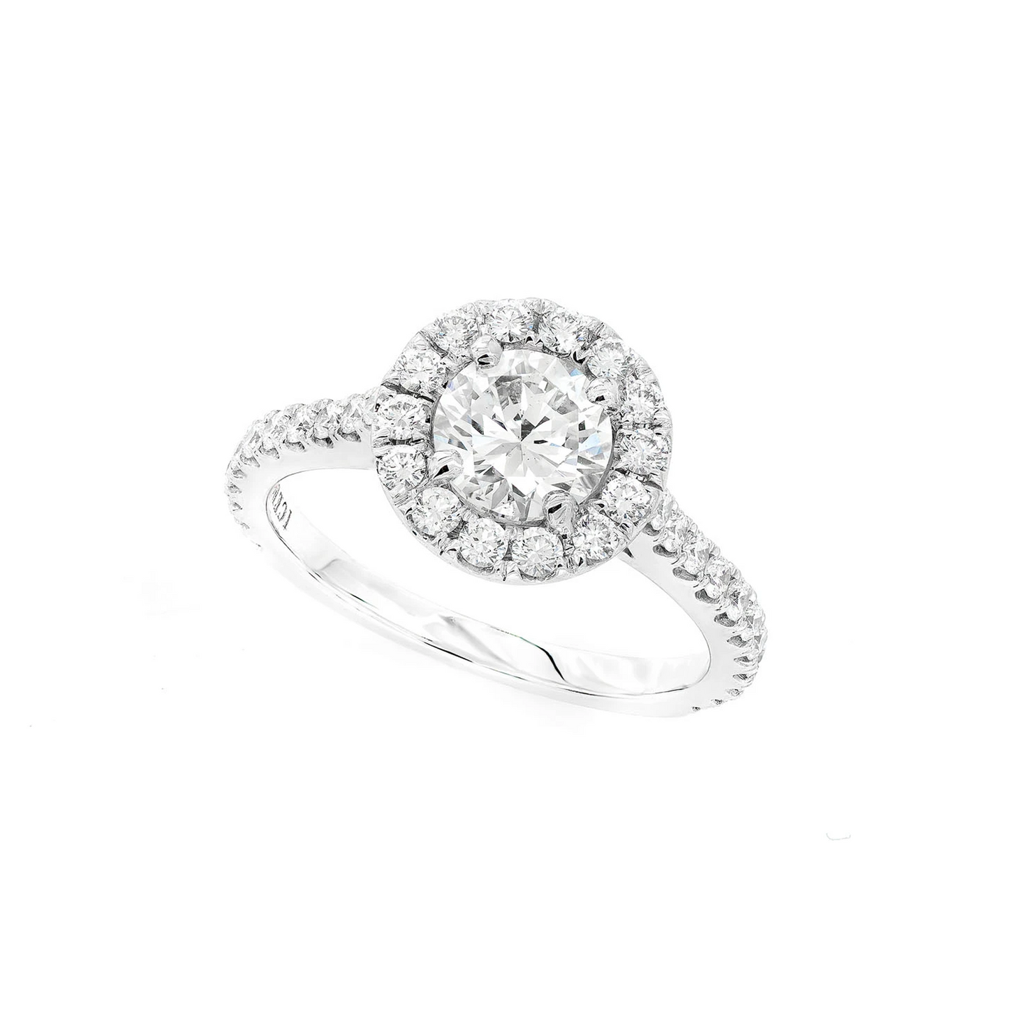 Round Halo Diamond Ring in 14K white gold, angled view
