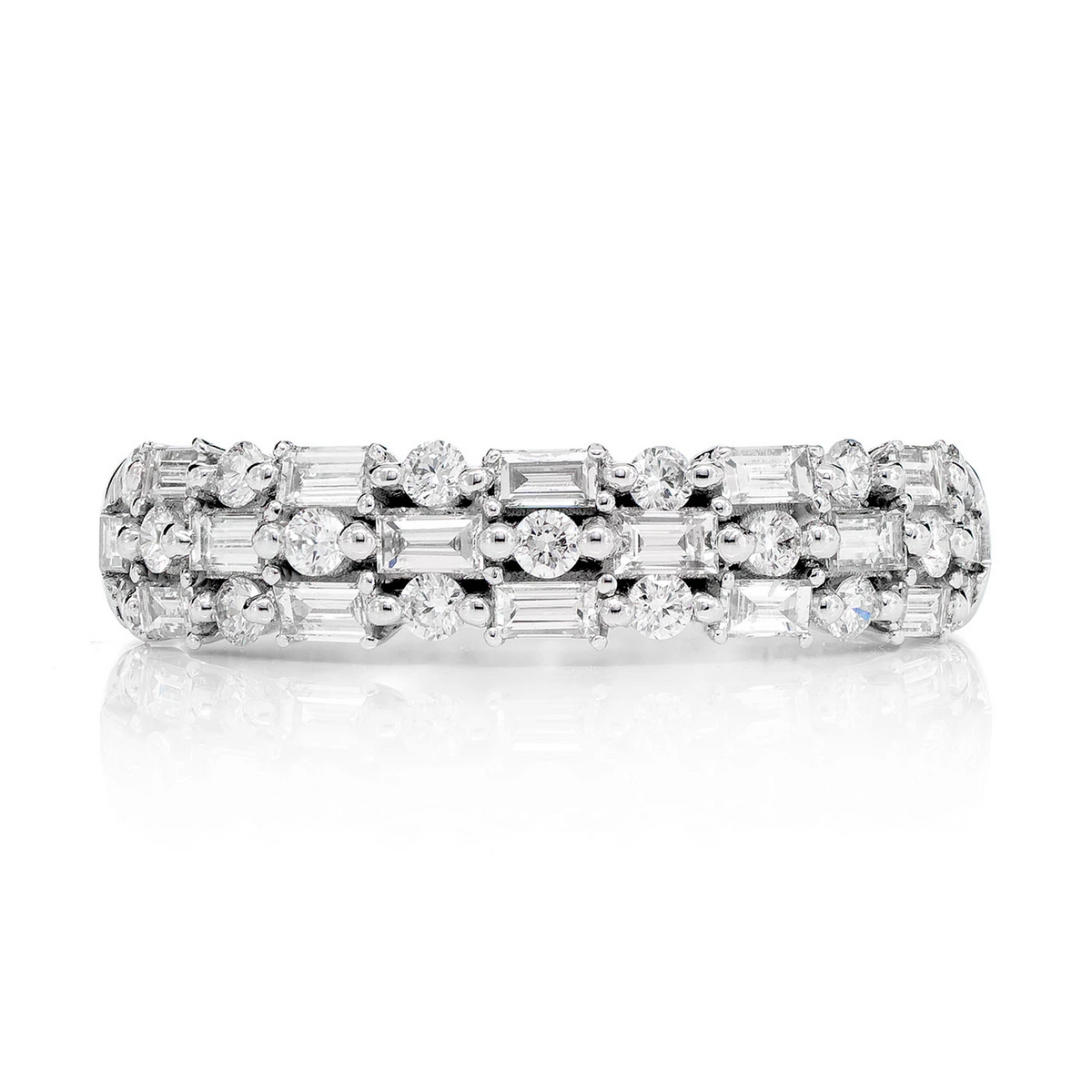 Three Row Alternating Round and Baguette Diamond Ring