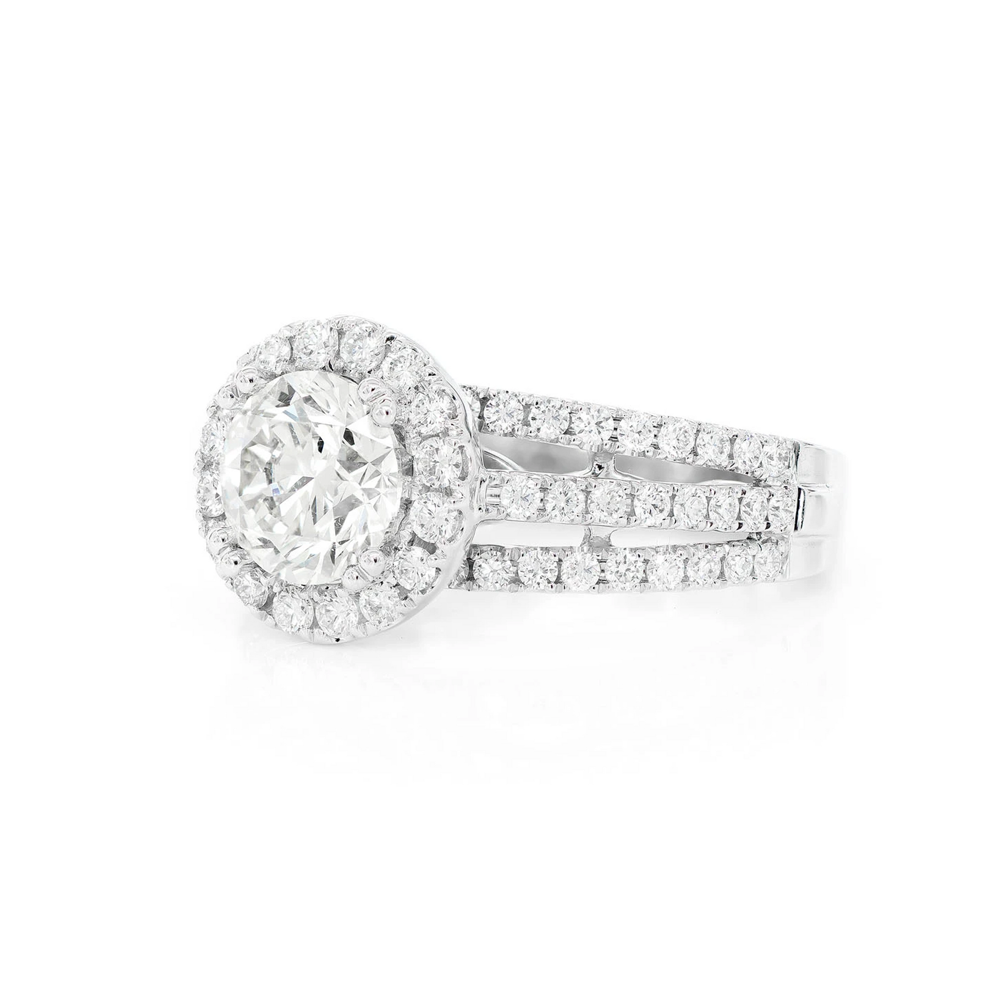 Cathedral Round Halo Ring in 14K white gold, detail view