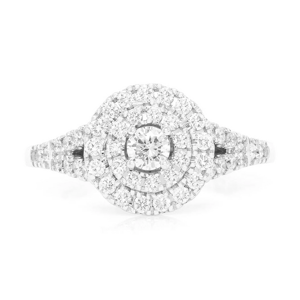 Round Double Halo Tapered Split Shank Engagement Ring