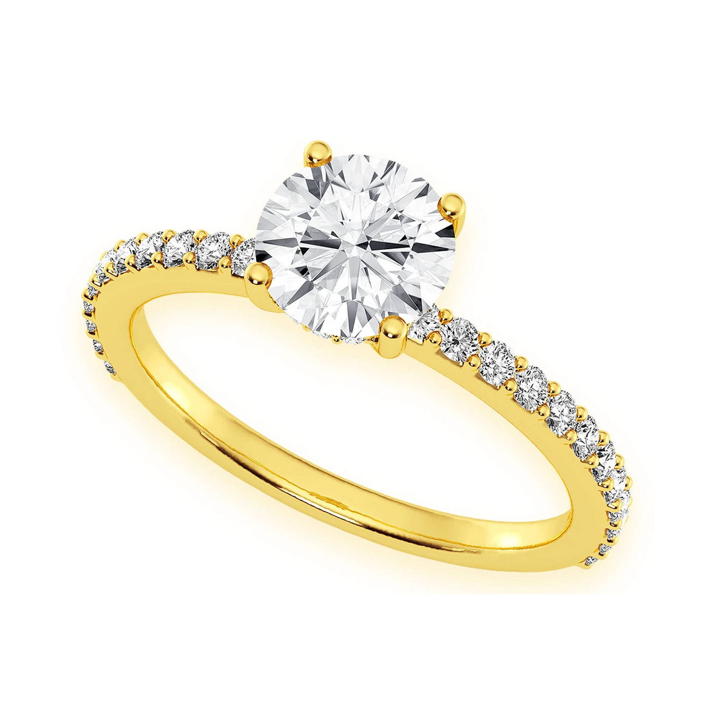 1ct Round Halo Diamond Engagement Ring in 14K yellow gold, angled view