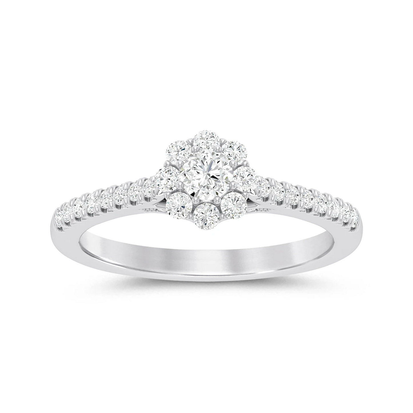 Floral Halo Cluster Diamond Ring in 14K white gold, angled view