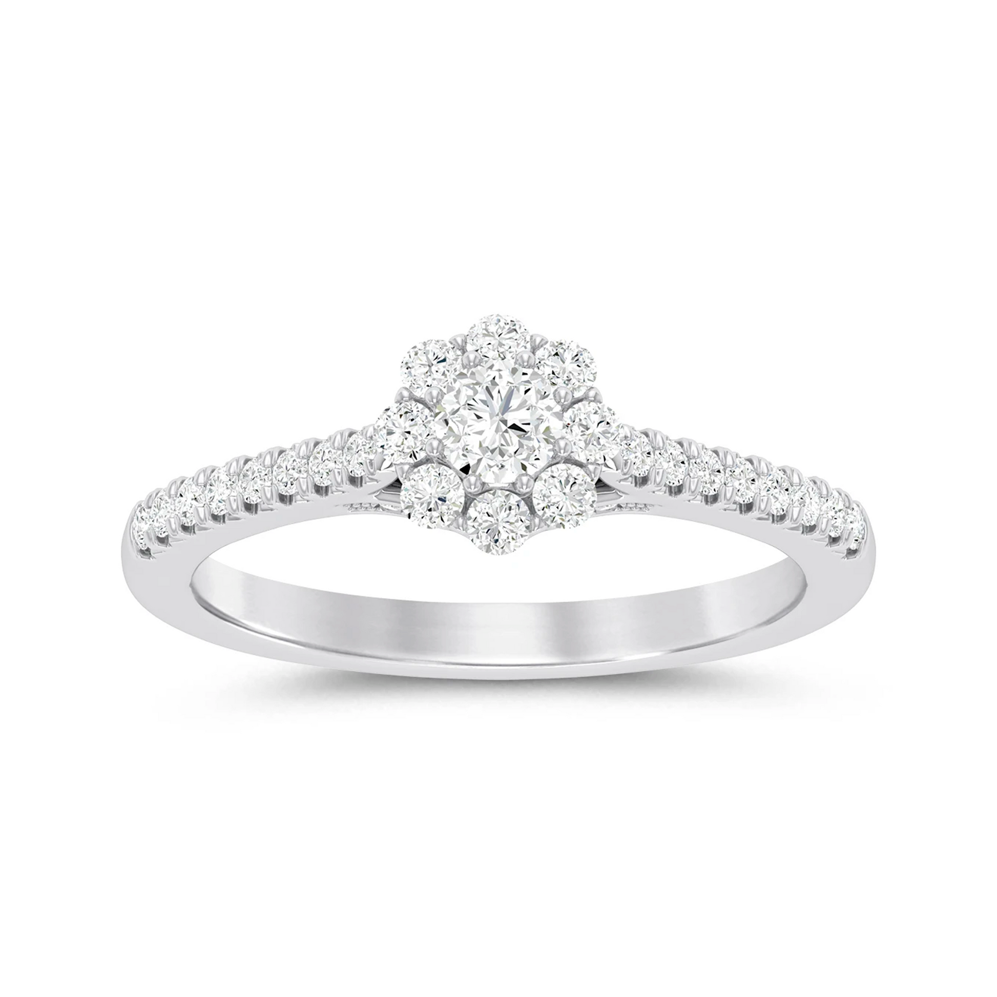 Floral Halo Cluster Diamond Ring in 14K white gold, angled view