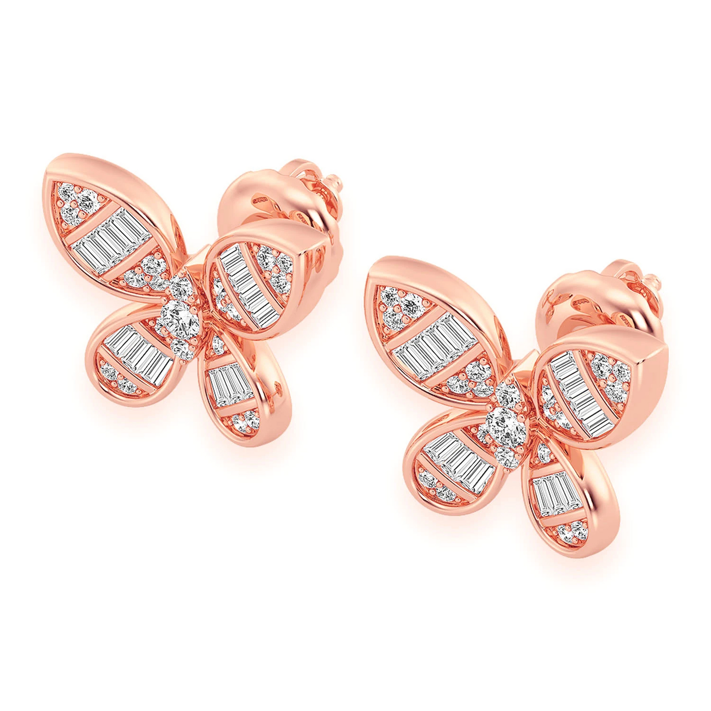 Butterfly Baguette Diamond Stud Earrings in 14K rose gold, angled view